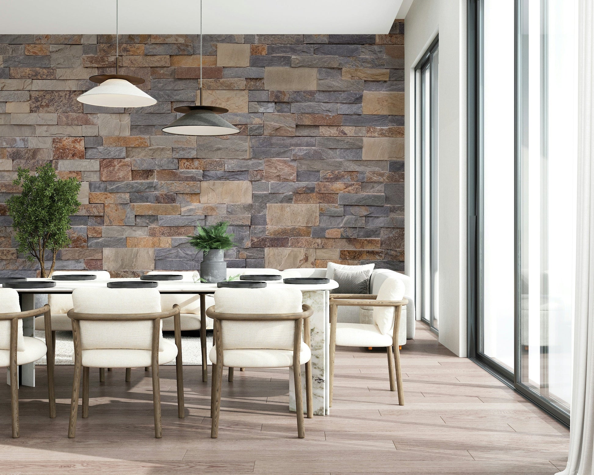 Contemporary mural featuring realistic stone cladding effects