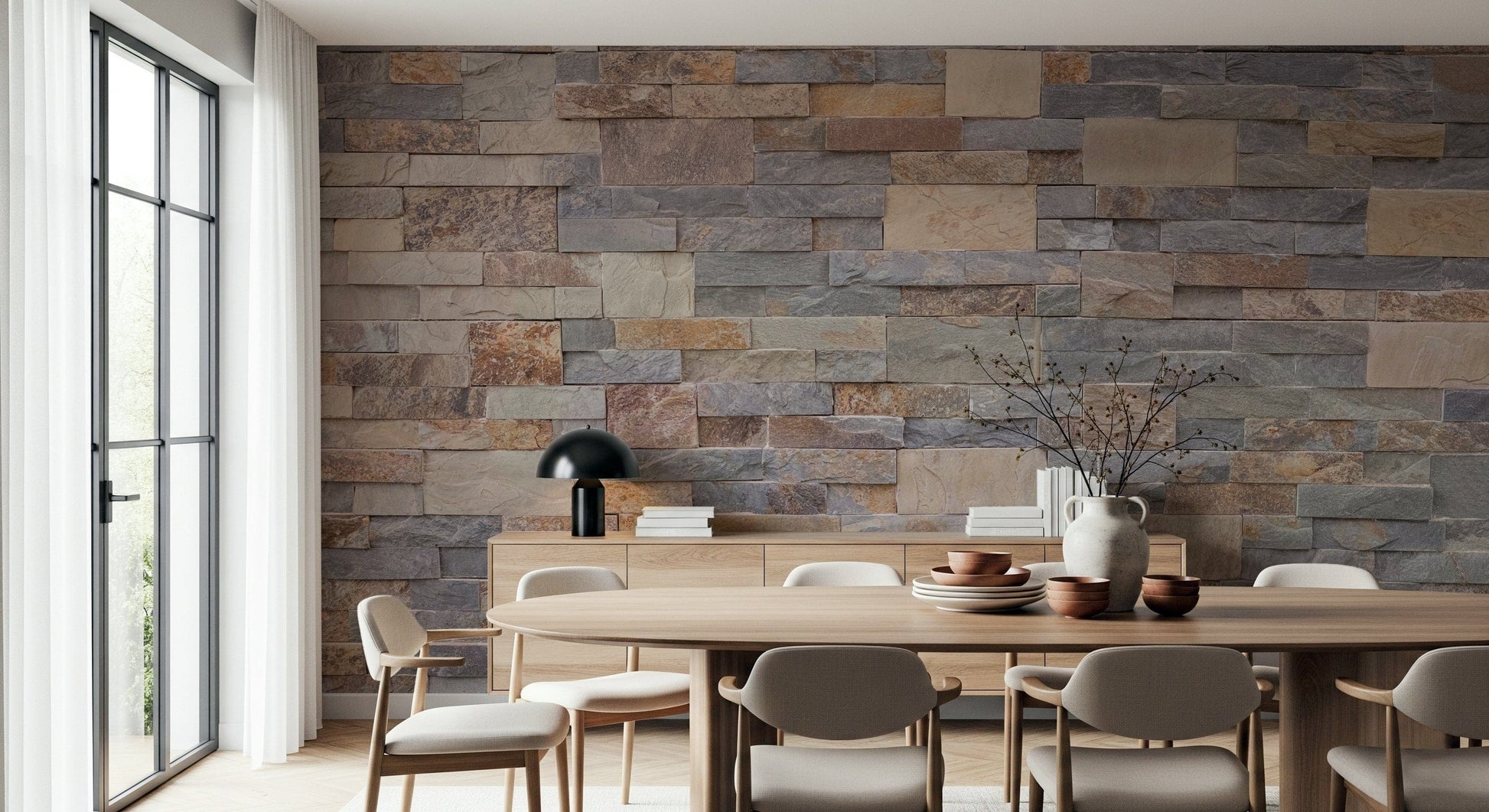 Rustic wall covering highlighting layered stone textures