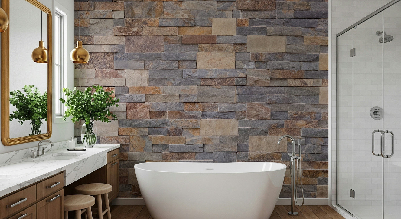 Realistic wall mural featuring natural stone cladding textures