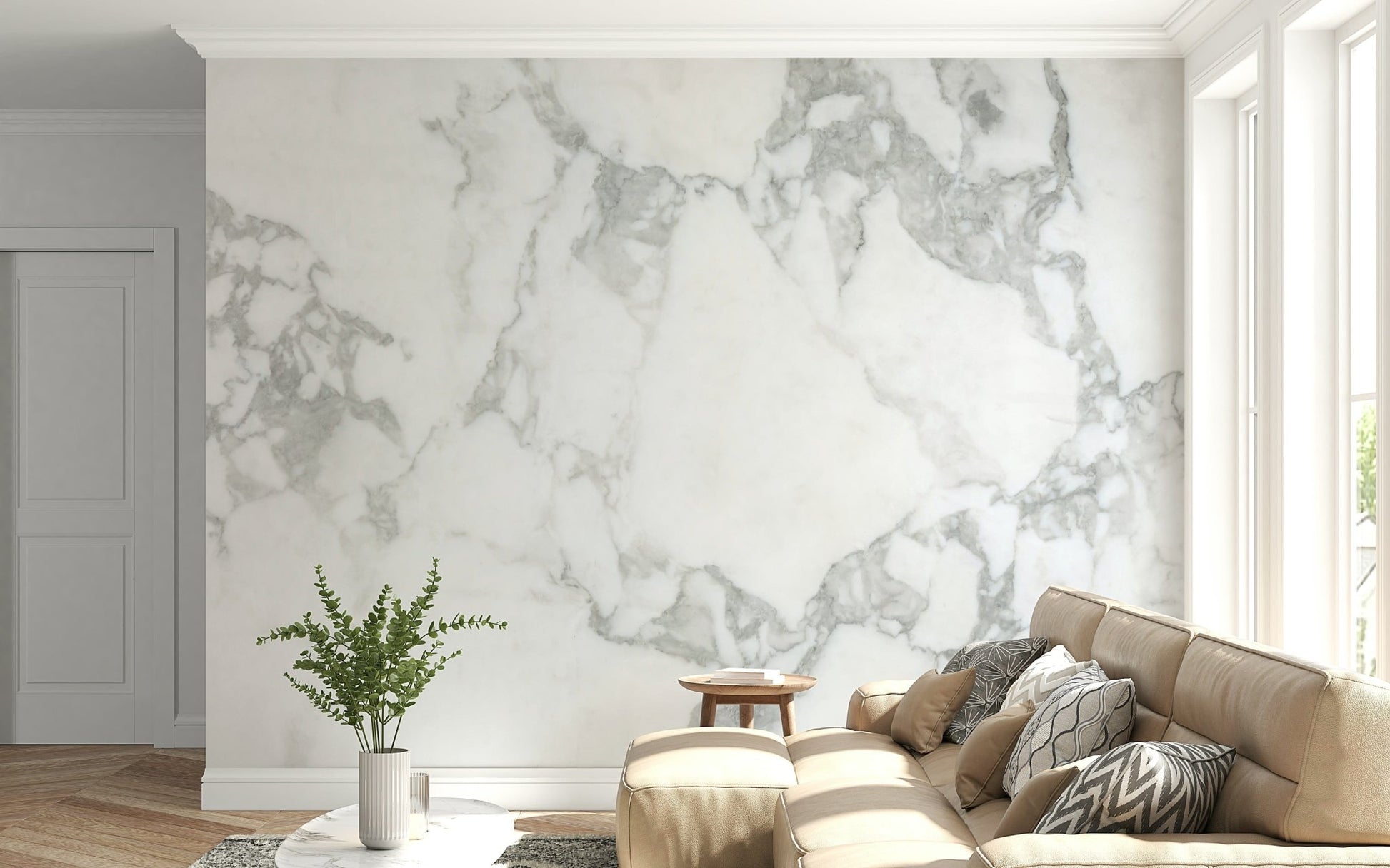 Stone Effect wallpaper mural in white and grey marble behind a beige sectional sofa in a bright living room