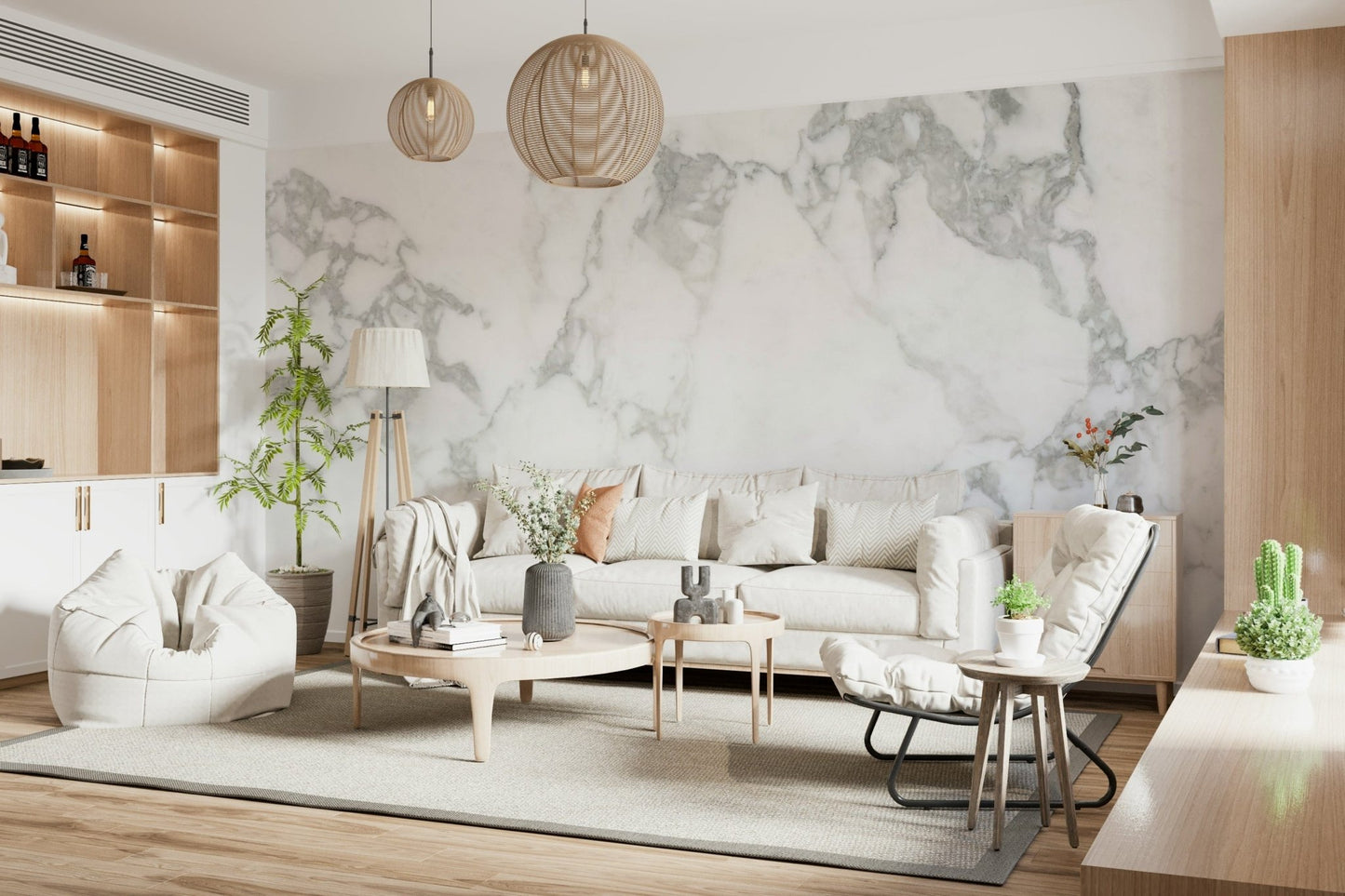 Stone Effect wallpaper mural in white marble in a Scandinavian living room with cream sofa and wood table