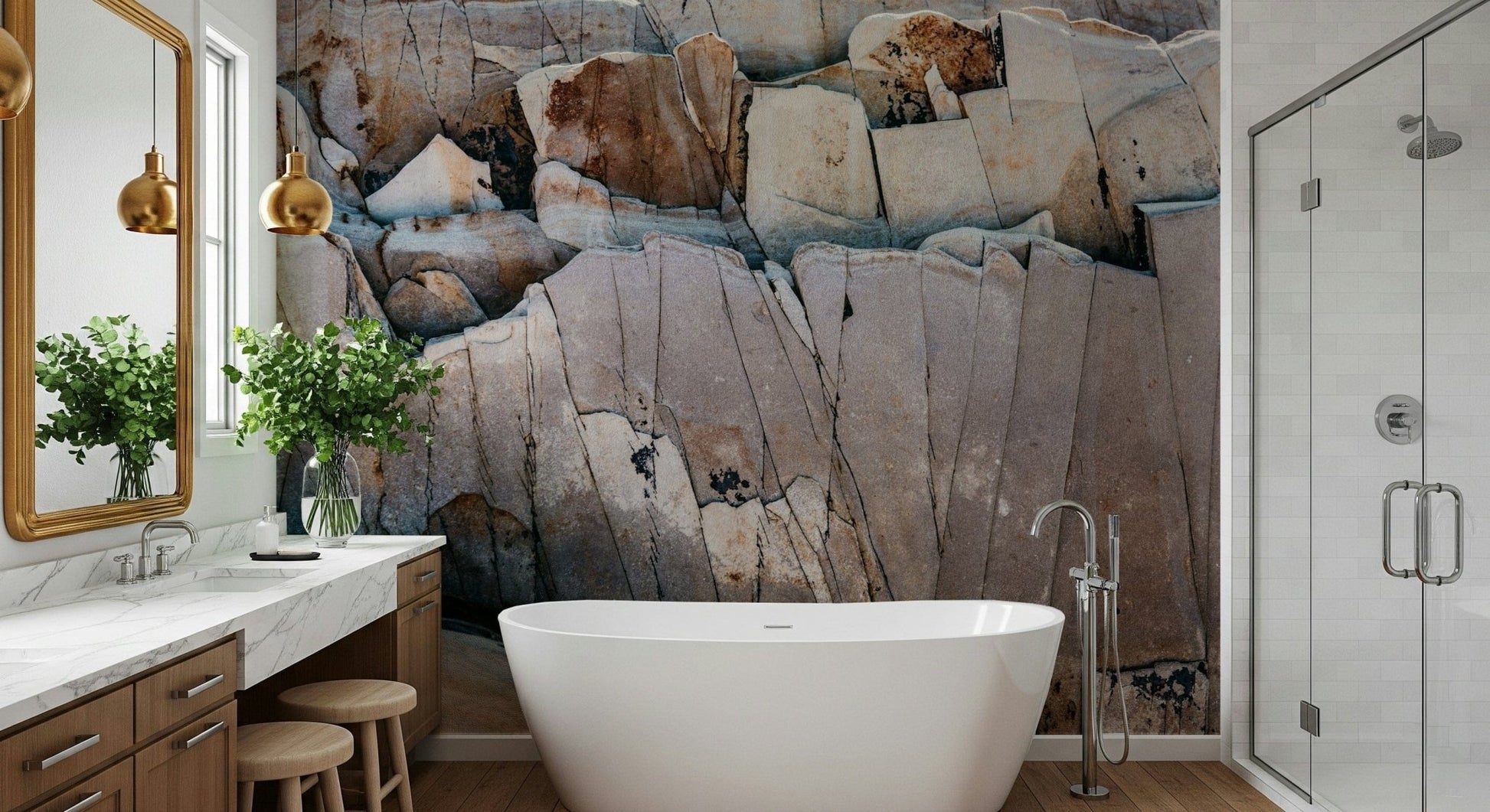Stone Geometry wallpaper mural of cracked beige and rust rock behind a white freestanding tub in a bright bathroom