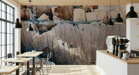 Stone Geometry wallpaper mural of fractured stone in a cafe with espresso machine, black pendants and wood tables