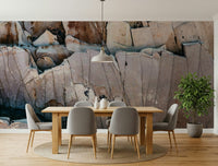 Stone Geometry wallpaper mural of rust and grey rock above a wood dining table with grey chairs in a dining room