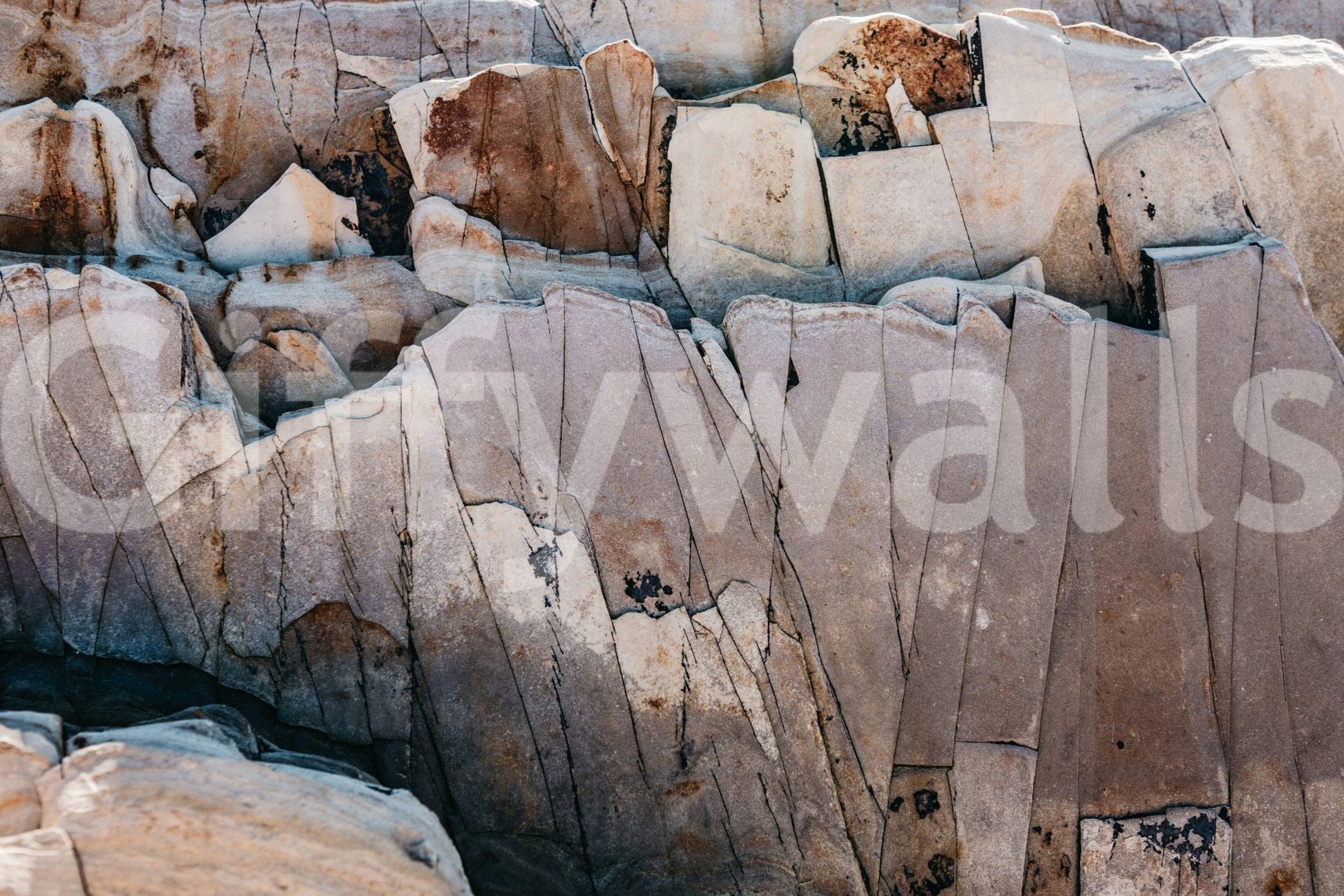 Stone Geometry wallpaper mural close-up showing the cracked beige, tan and grey fractured rock pattern detail