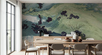 A peaceful modern abstract mural on decorative wallpaper.