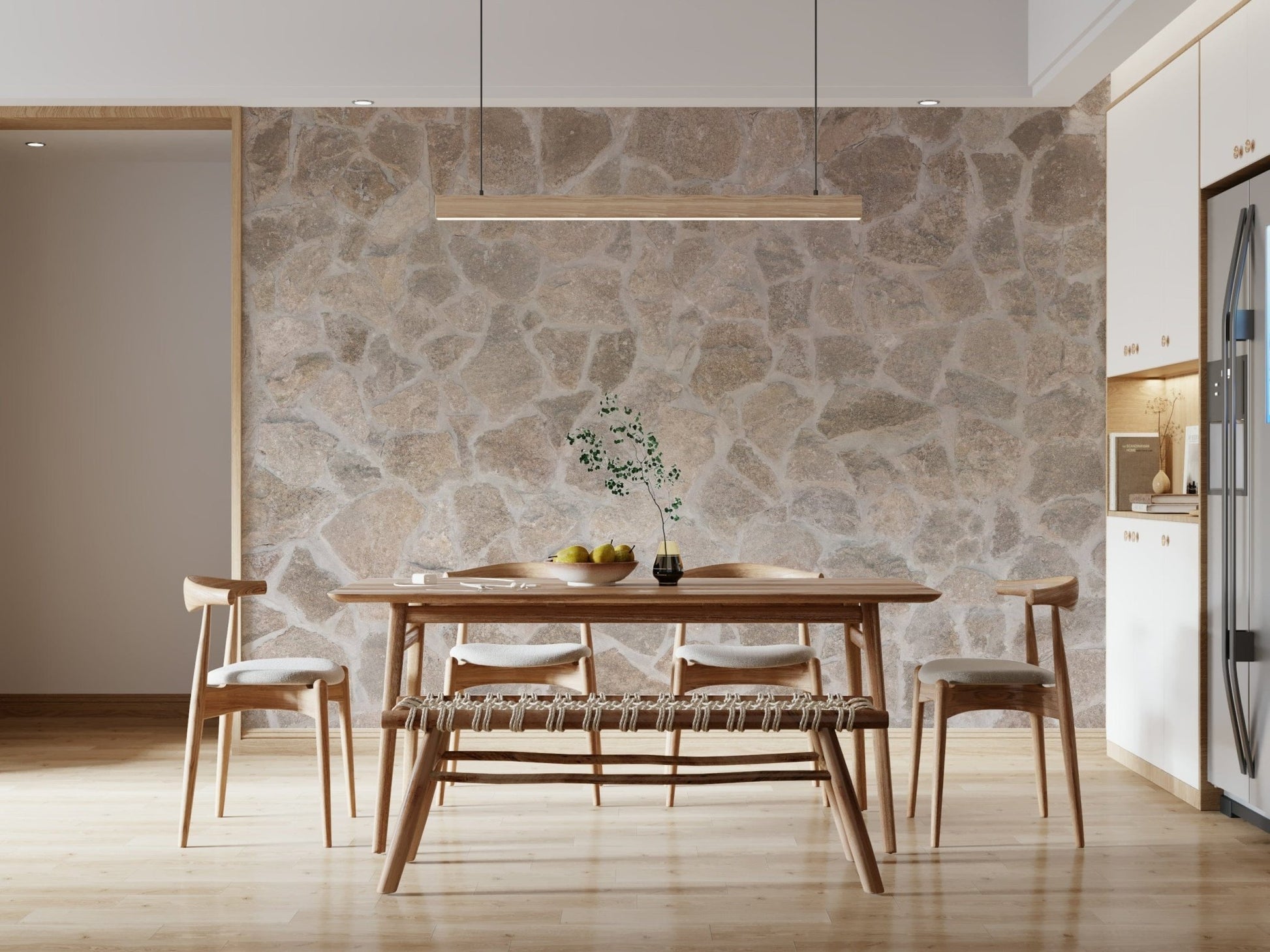 Rustic stone mosaic wallpaper mural combining rough and smooth textures for a unique feature wall.