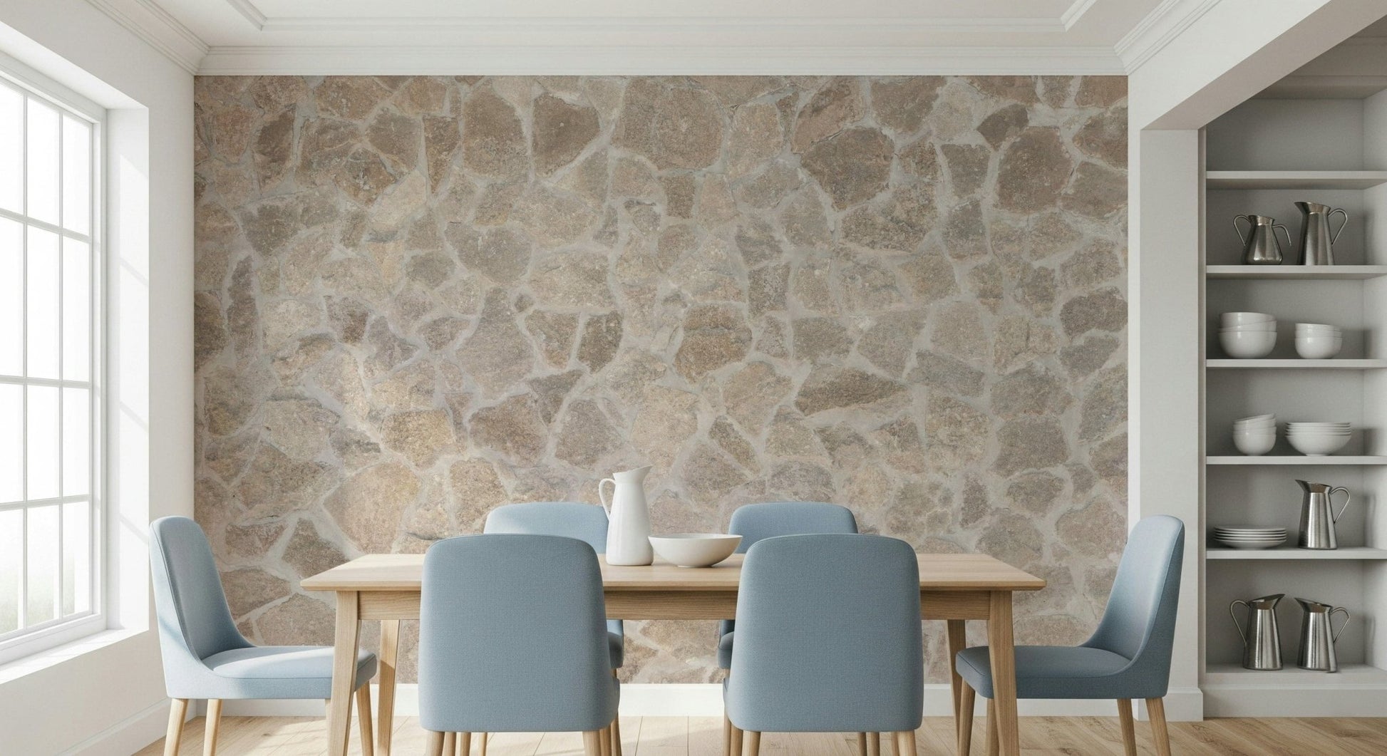 Realistic stone mosaic wall mural with varied shapes, sizes, and shades for three-dimensional depth.
