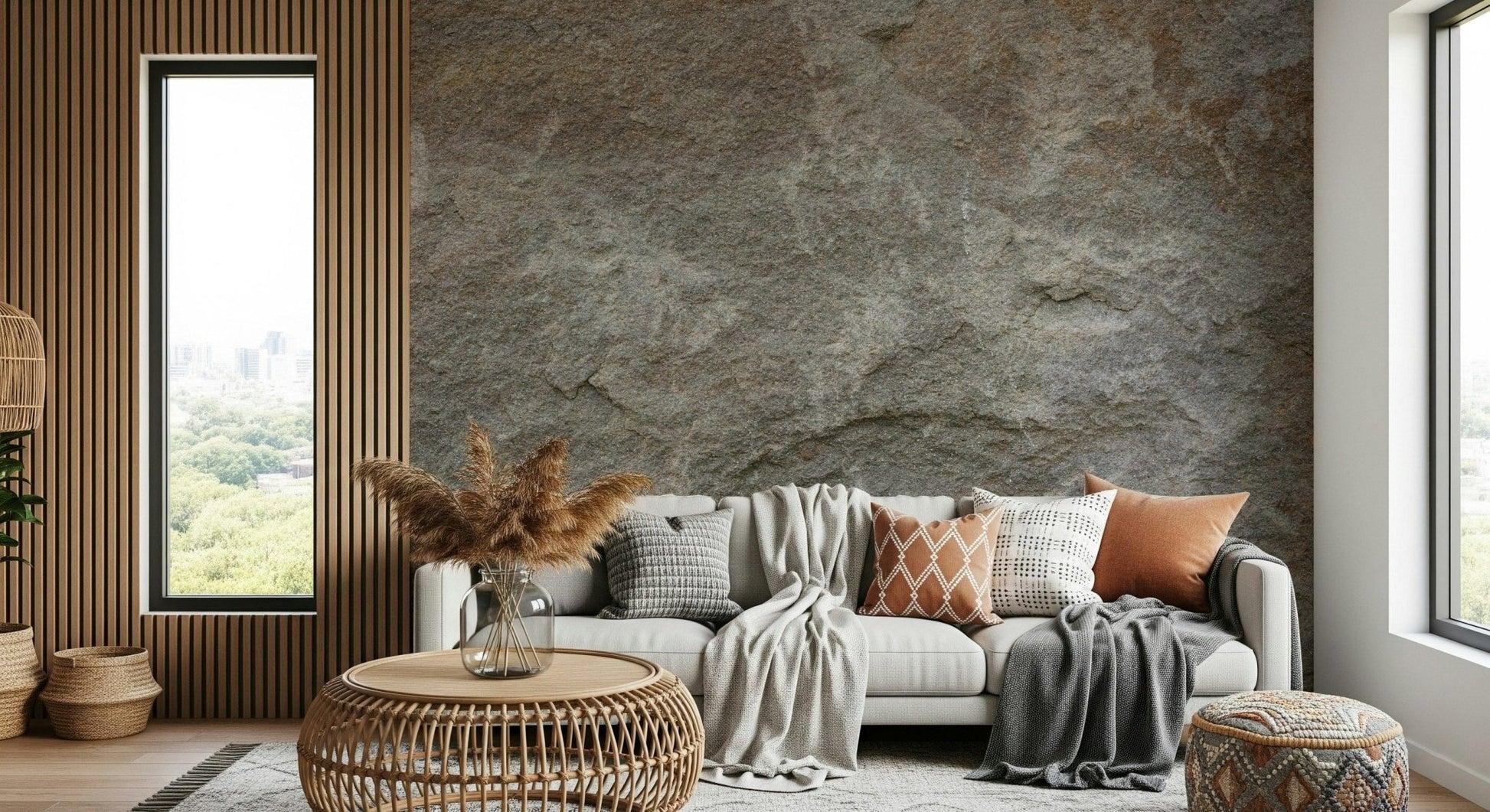 Stone-inspired wallpaper mural with subtle textures and neutral colors for elegant, calming décor.