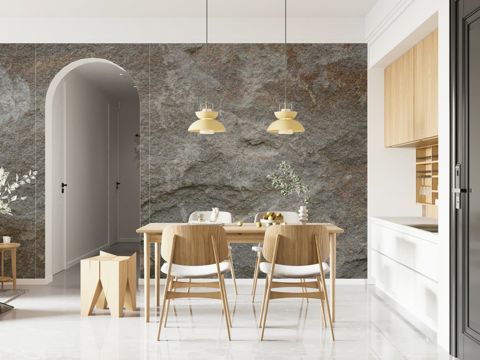 Textured wall mural with subtle stone patterns creating a calm and elegant accent wall.