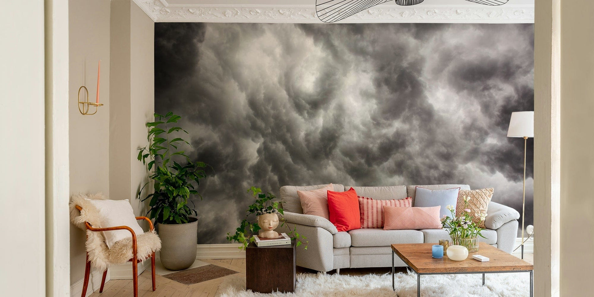 A peaceful dark sky mural on decorative wallpaper.

