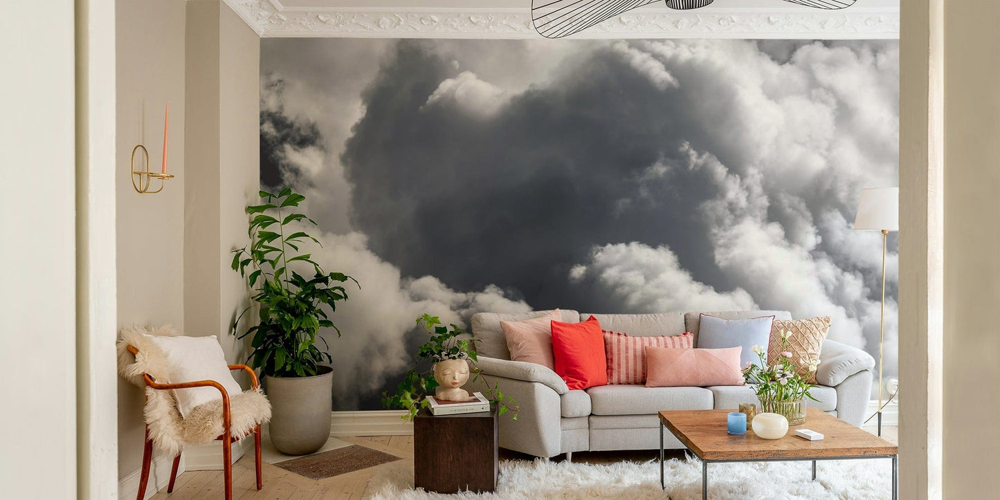 The peel and stick wallpaper showing realistic sky textures.