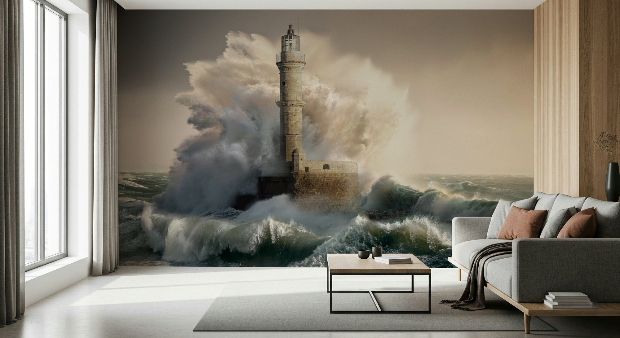 Lighthouse Tempest wallpaper mural of a wave crashing on a lighthouse behind a grey sofa in a living room