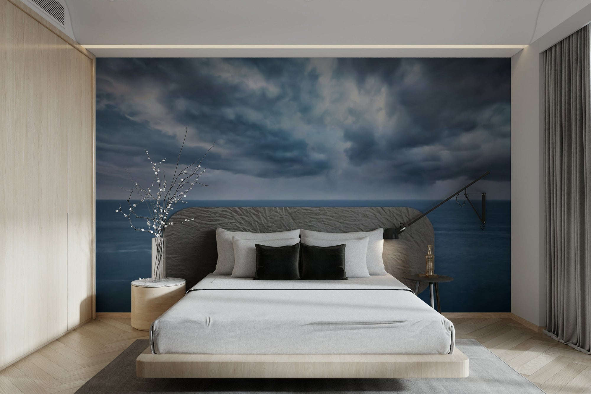 Moody Ocean Vista wallpaper mural of a stormy sea behind a low wood platform bed with white bedding