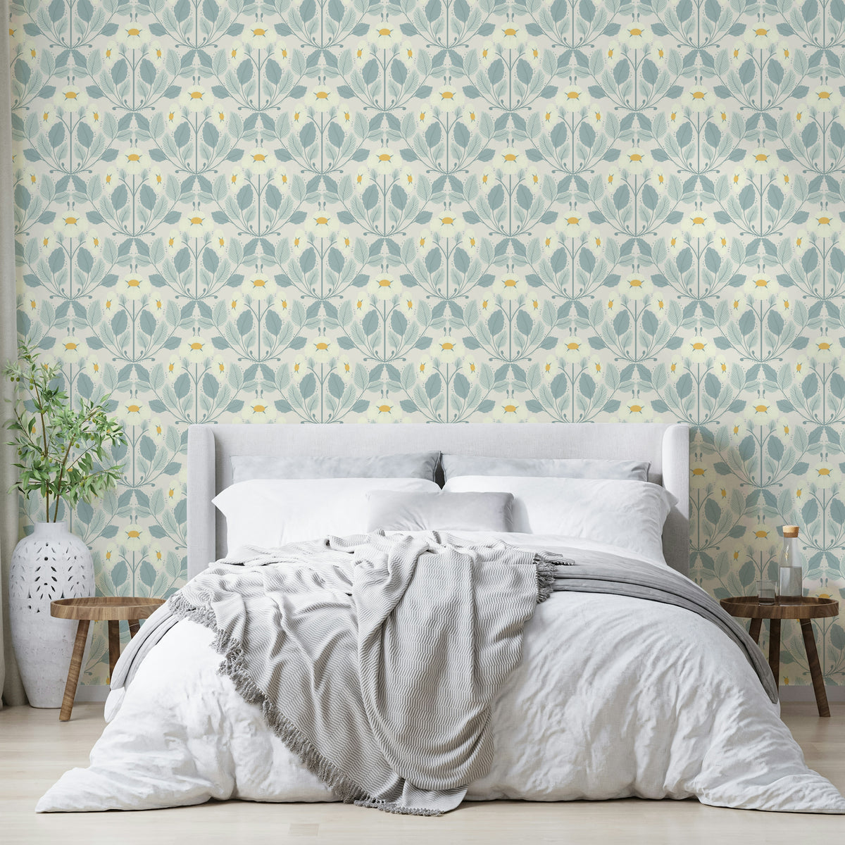 Sweet strawberry wallpaper in a blush cream palette

