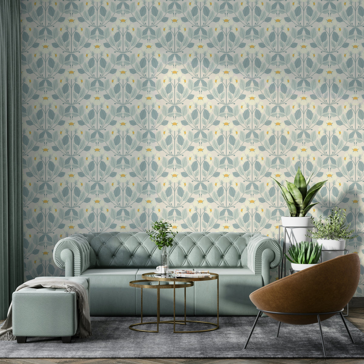 Blush folk art wallpaper with strawberries and leaves

