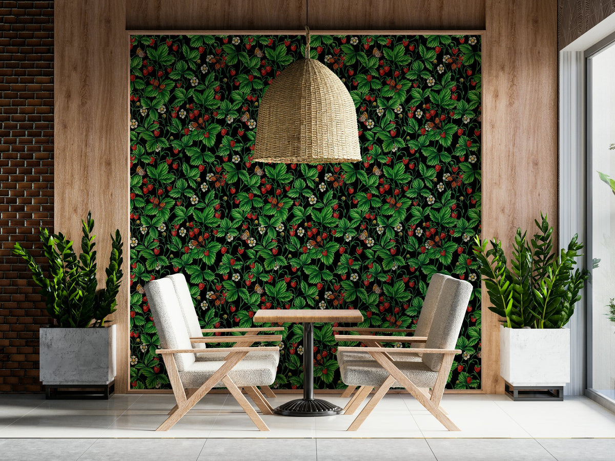 Wild Roses and Butterflies Wallpaper — elegant botanical design with pastel pink, green, and yellow accents.