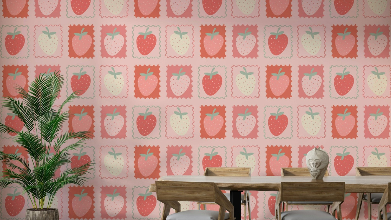 Wallpaper featuring illustrated strawberry postage stamps


