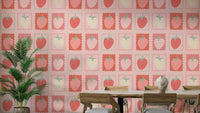 Wallpaper featuring illustrated strawberry postage stamps

