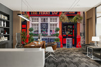 Cozy street cafe mural with vibrant red and black accents

