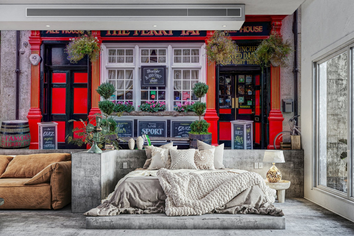 Warm and inviting cafe with flower boxes in wall mural

