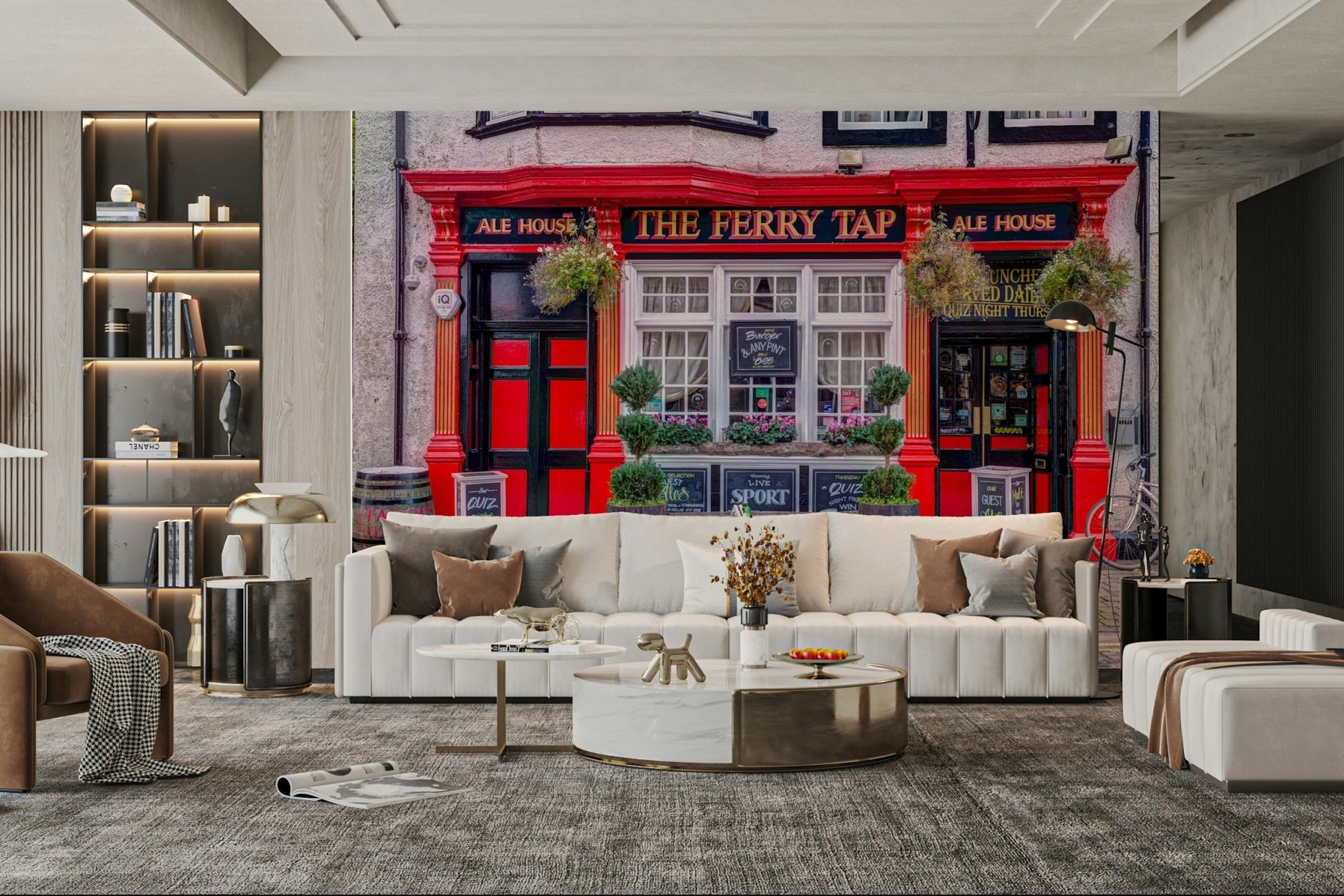 Charming street-side mural with cafe and shop details

