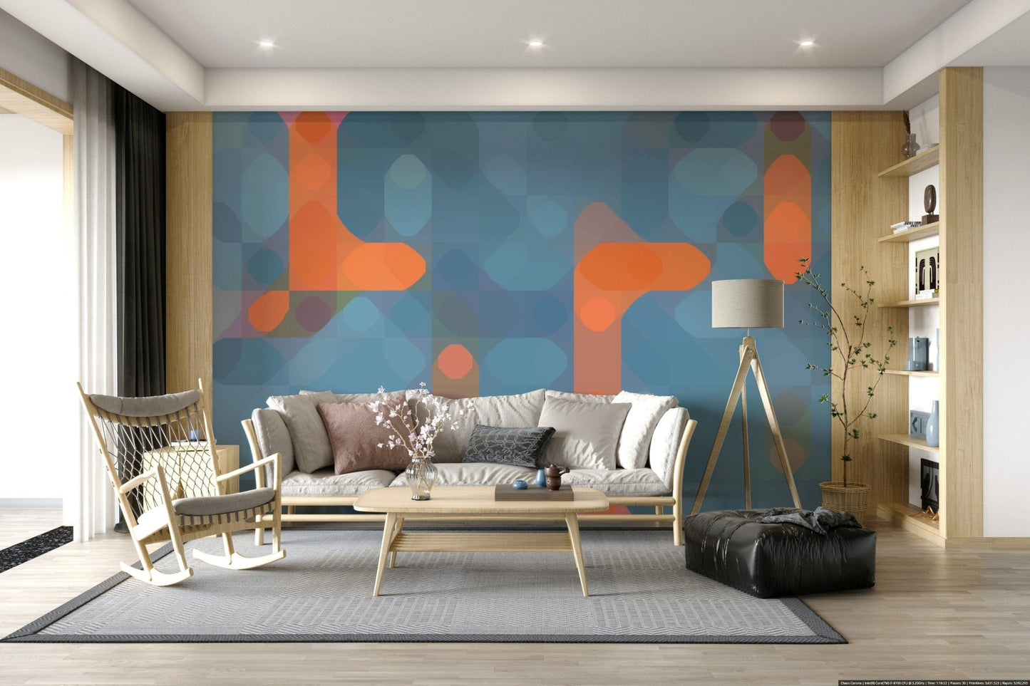 Artistic street scene wall mural in teal