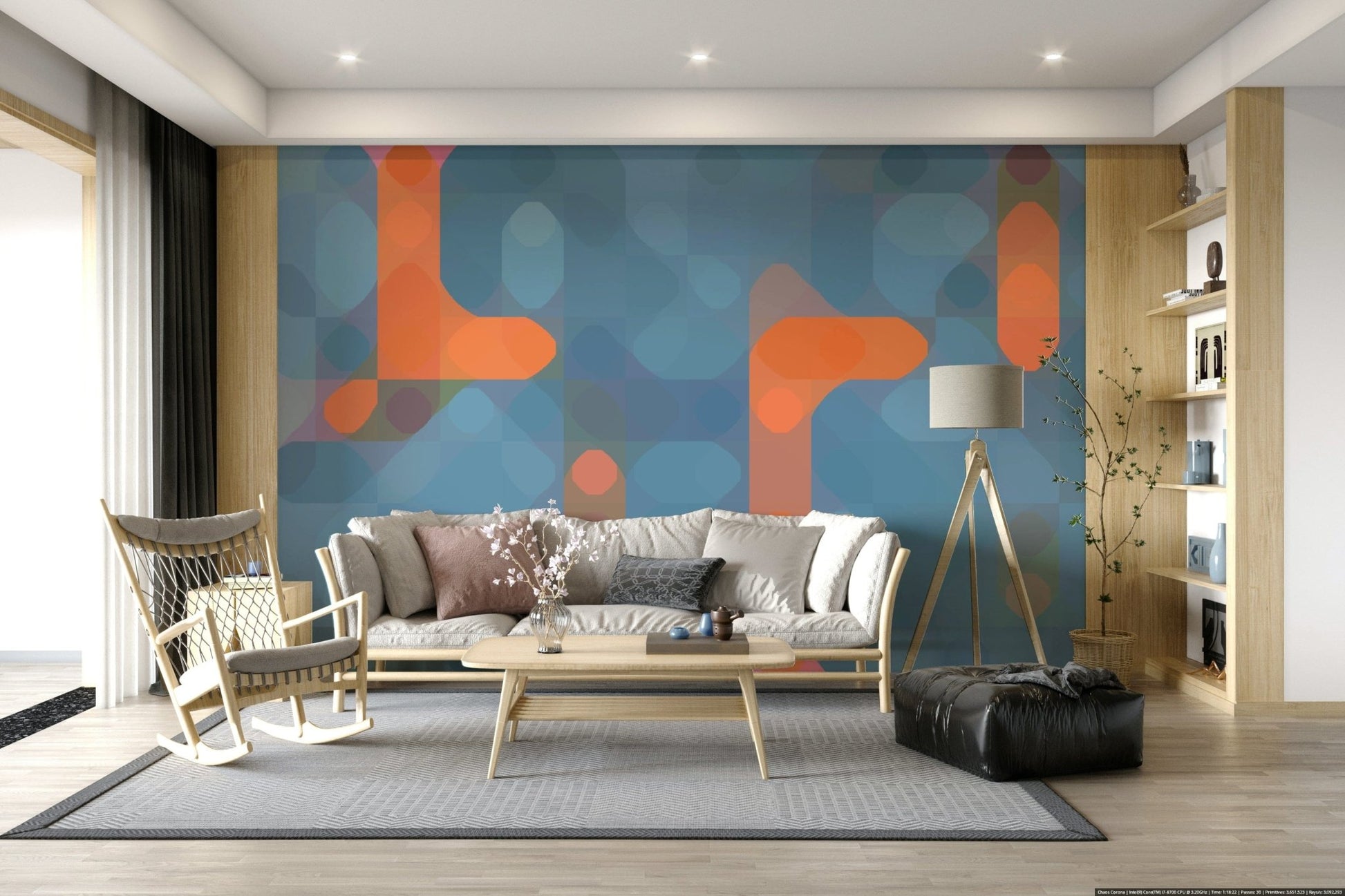 Artistic street scene wall mural in teal