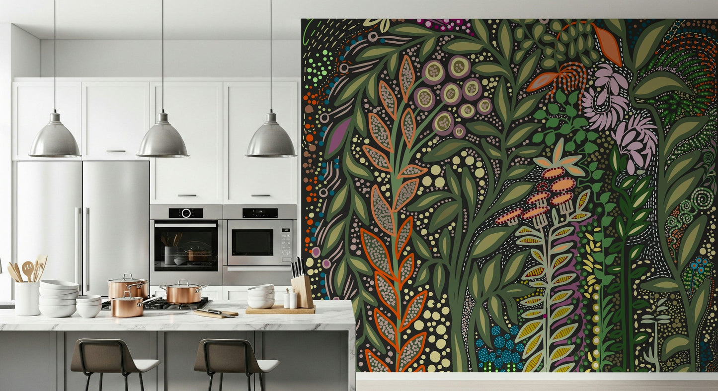 Tropical wallpaper with Strelitzia plants and rich foliage creating a serene garden vibe.