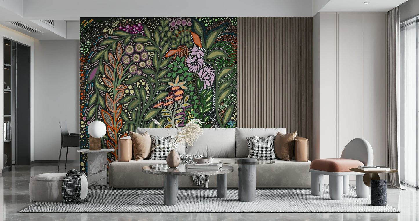 Decorative mural featuring vibrant Strelitzia blooms and tropical greenery.