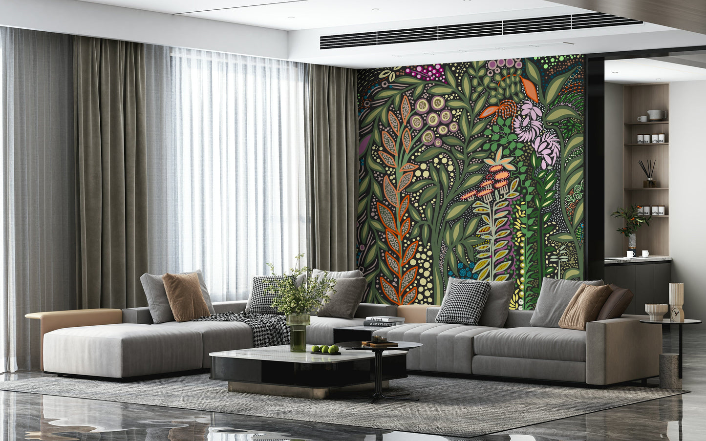 Garden-inspired wallpaper with bird-of-paradise plants and dense tropical leaves.