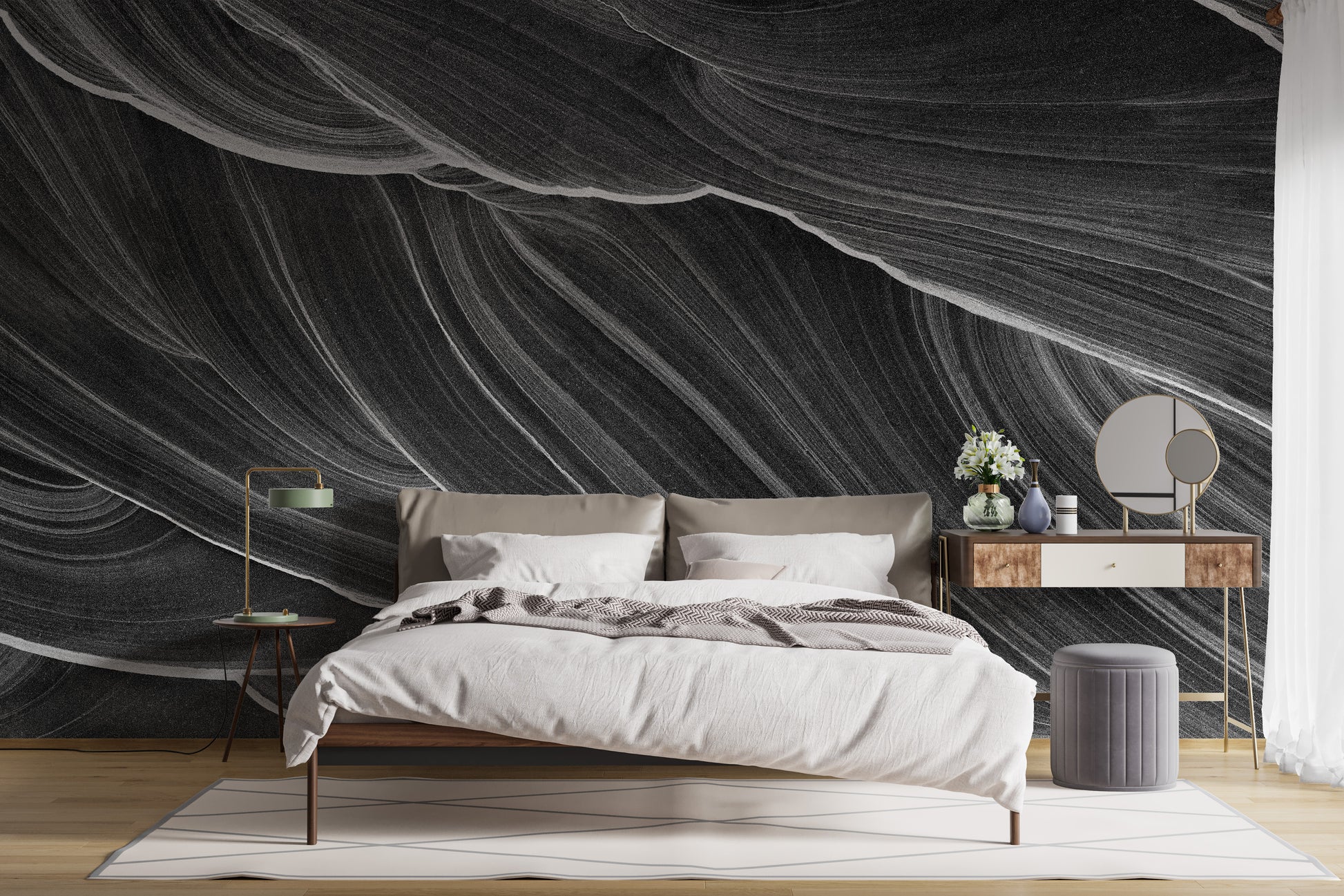 Elegant black and white marble mural style
