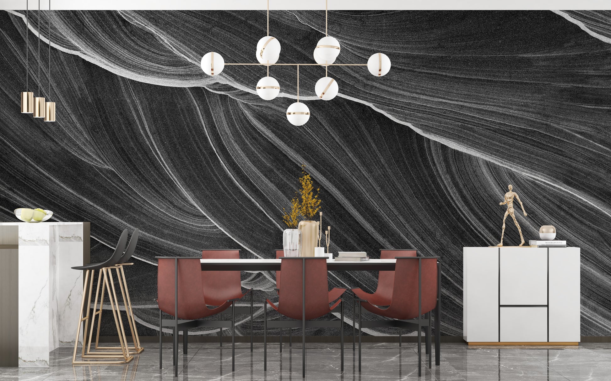 Artistic wavy marble wallpaper in monochrome
