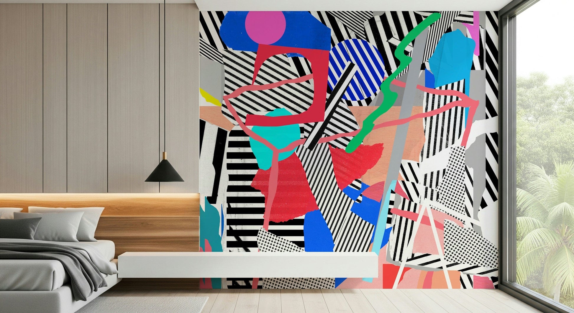 An artistic abstract line mural on minimalist wallpaper.