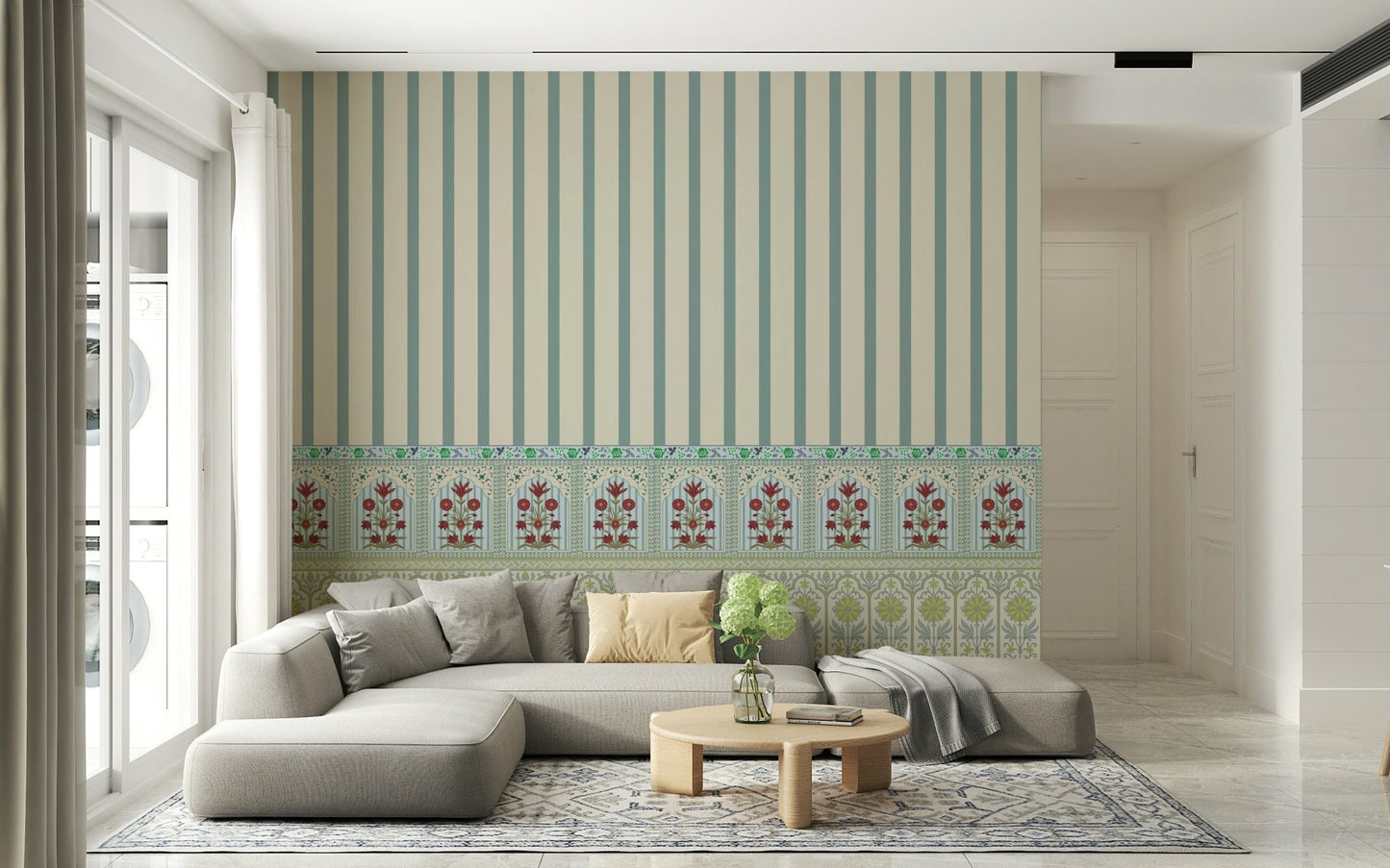 Garden-themed stripes paired with light timber furniture.