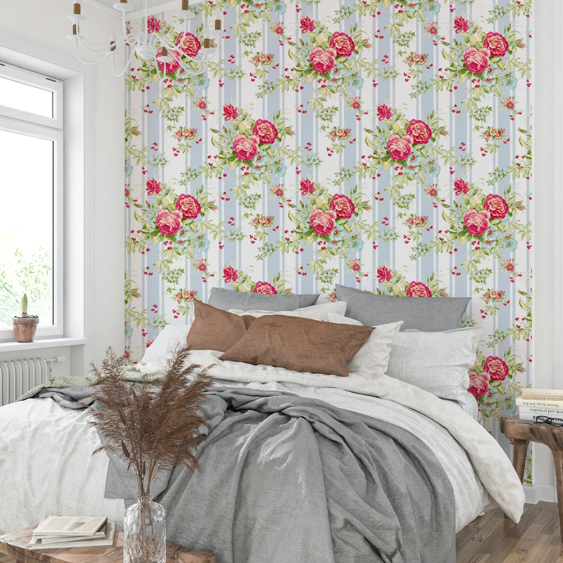 Elegant rose garden mural with hand-painted stripe effect.

