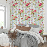 Elegant rose garden mural with hand-painted stripe effect.

