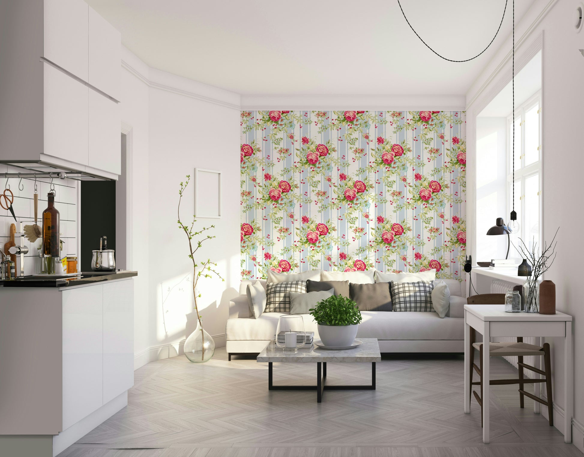 Classic rose wallpaper with layered stripes and soft blooms.

