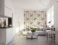 Classic rose wallpaper with layered stripes and soft blooms.

