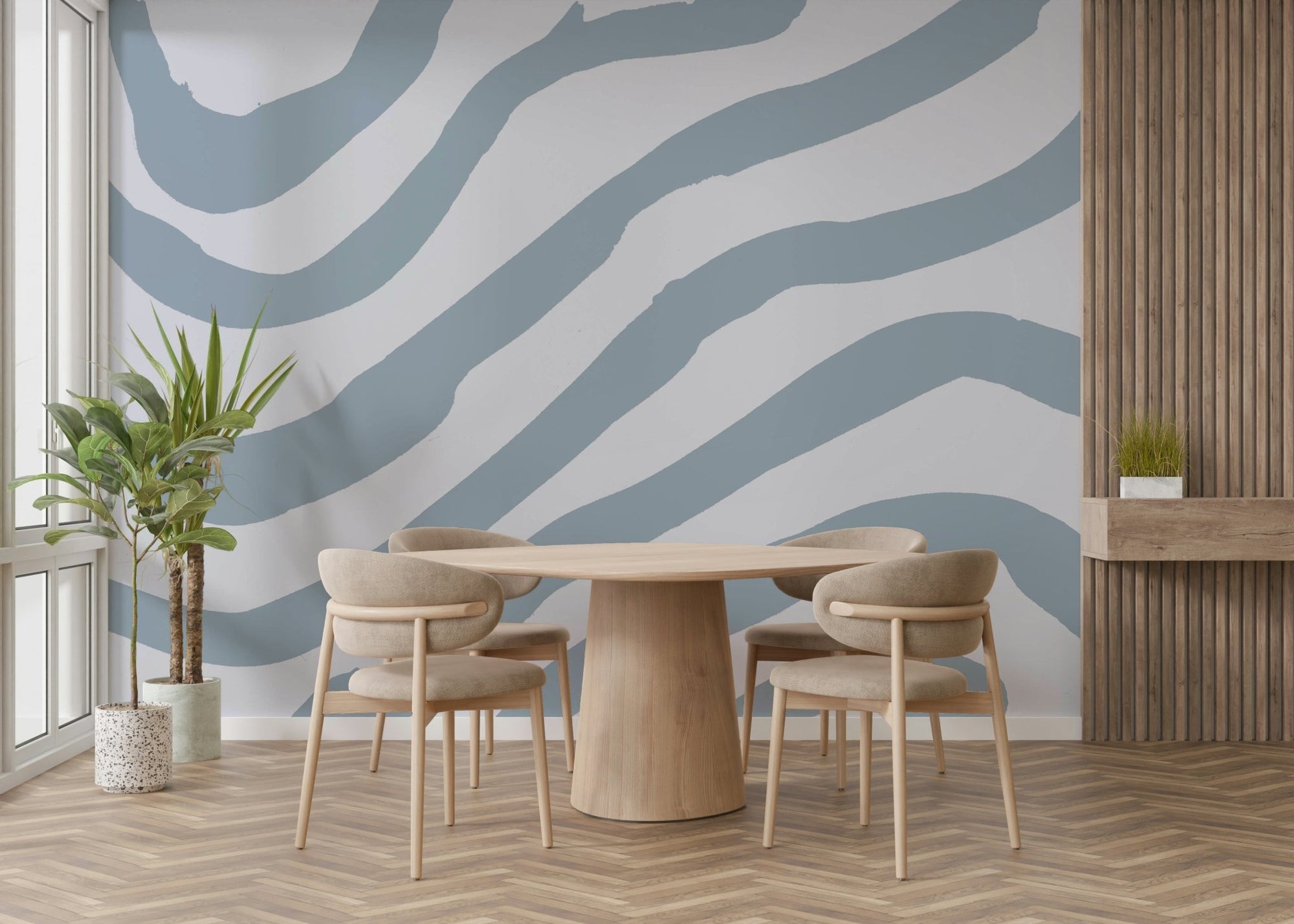 Stripes Blue wallpaper mural with wavy dusty blue and white diagonal stripes in a dining room with round wooden table