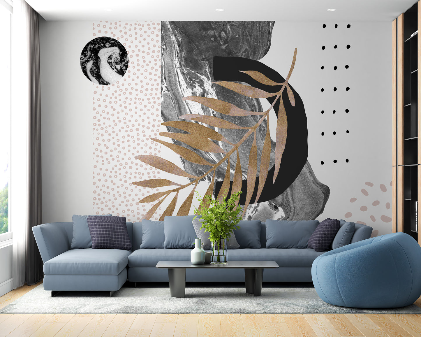 Monochrome marble mural with bold design
