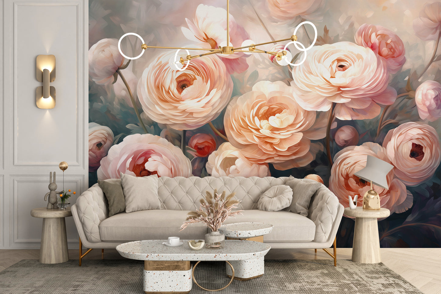 Ranunculus Pink Flower wallpaper mural of peach and pink blooms behind a cream tufted sofa in a living room