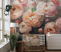 Ranunculus Pink Flower wallpaper mural of pink blooms in a nursery with a wooden crib and houseplants