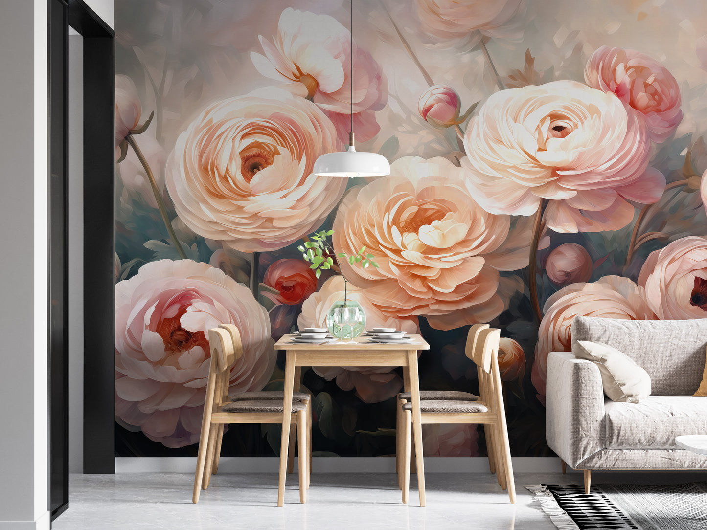 Ranunculus Pink Flower wallpaper mural of blush blooms behind a wooden dining table and chairs in a dining room