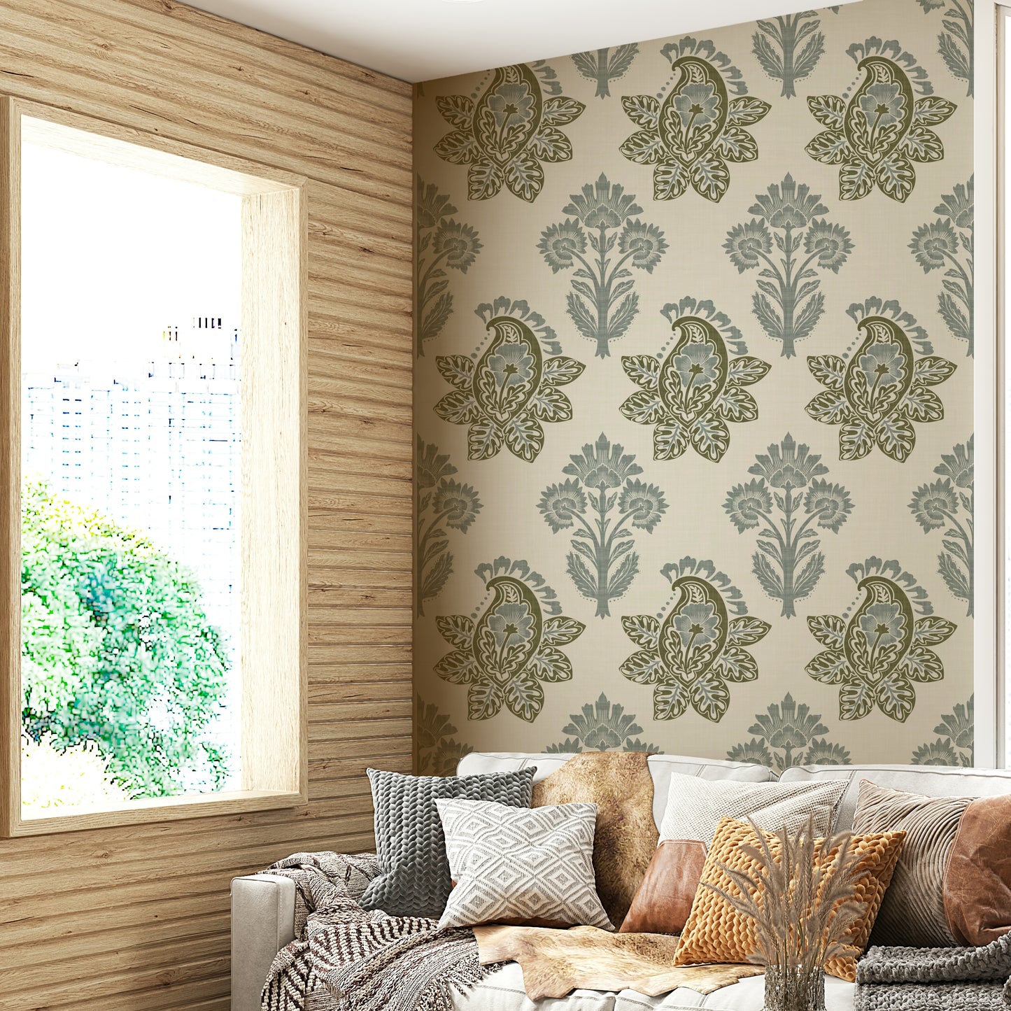 Minimal botanical paisley mural for interiors

