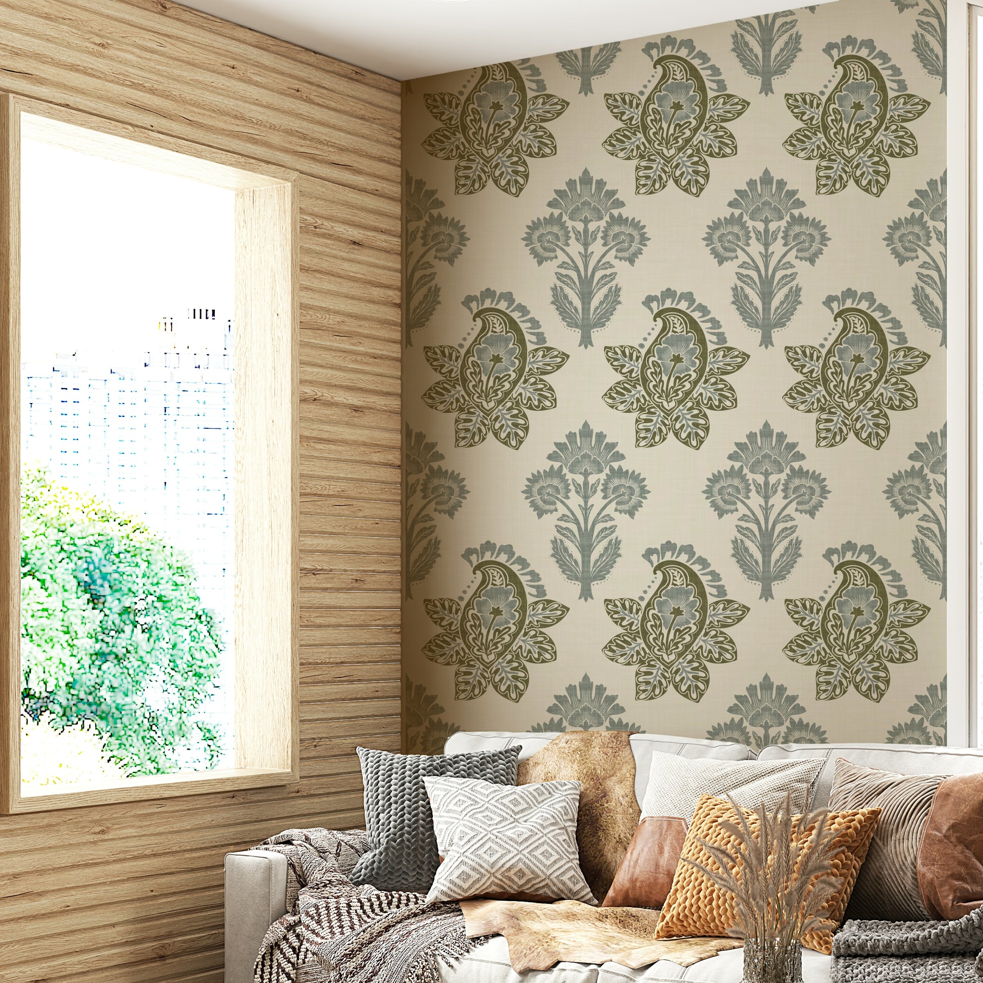 Minimal botanical paisley mural for interiors

