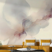 Soft blue and white watercolor wallpaper for a serene master bedroom feature wall.