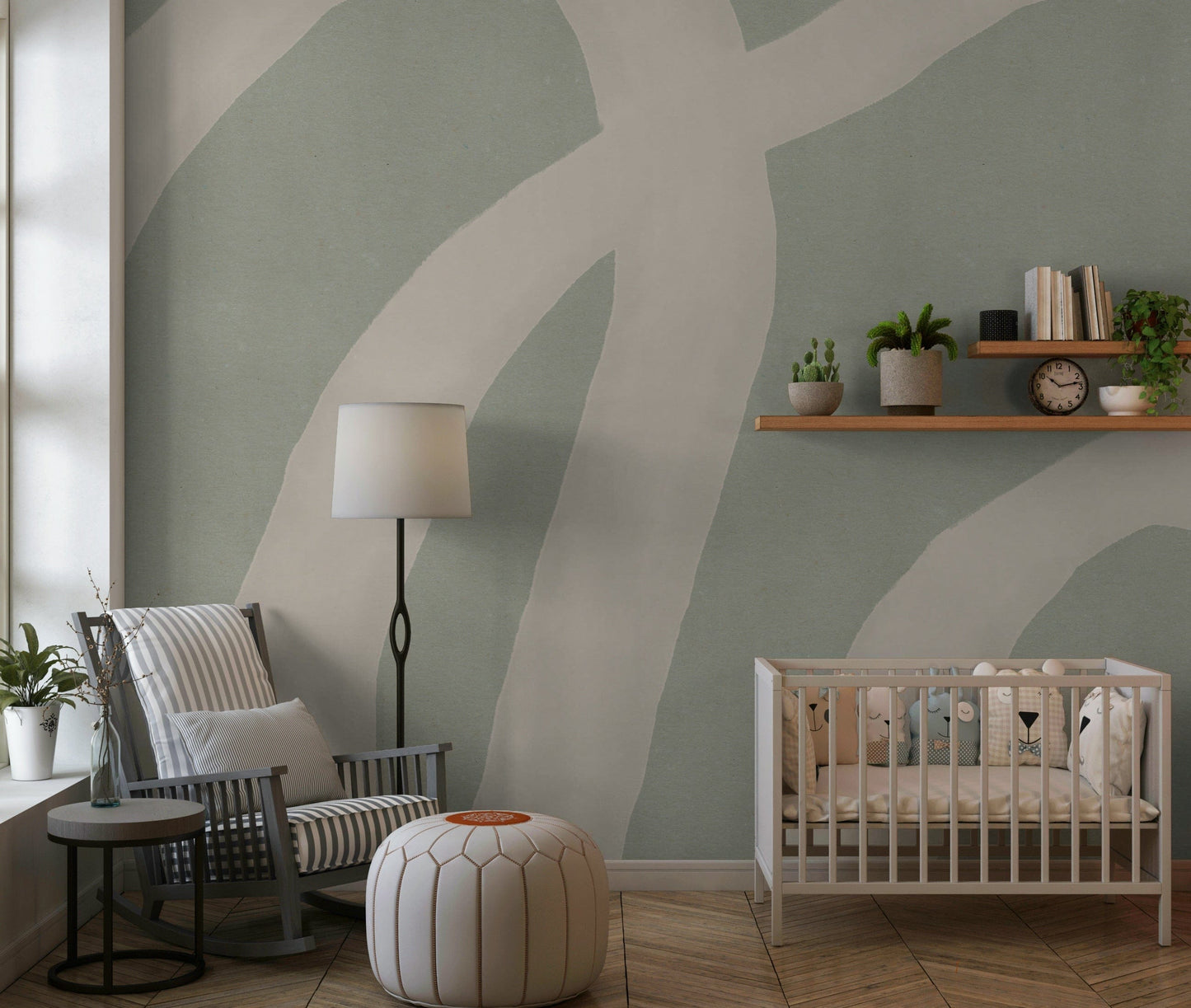 An artistic modern pattern mural on minimalist wallpaper.