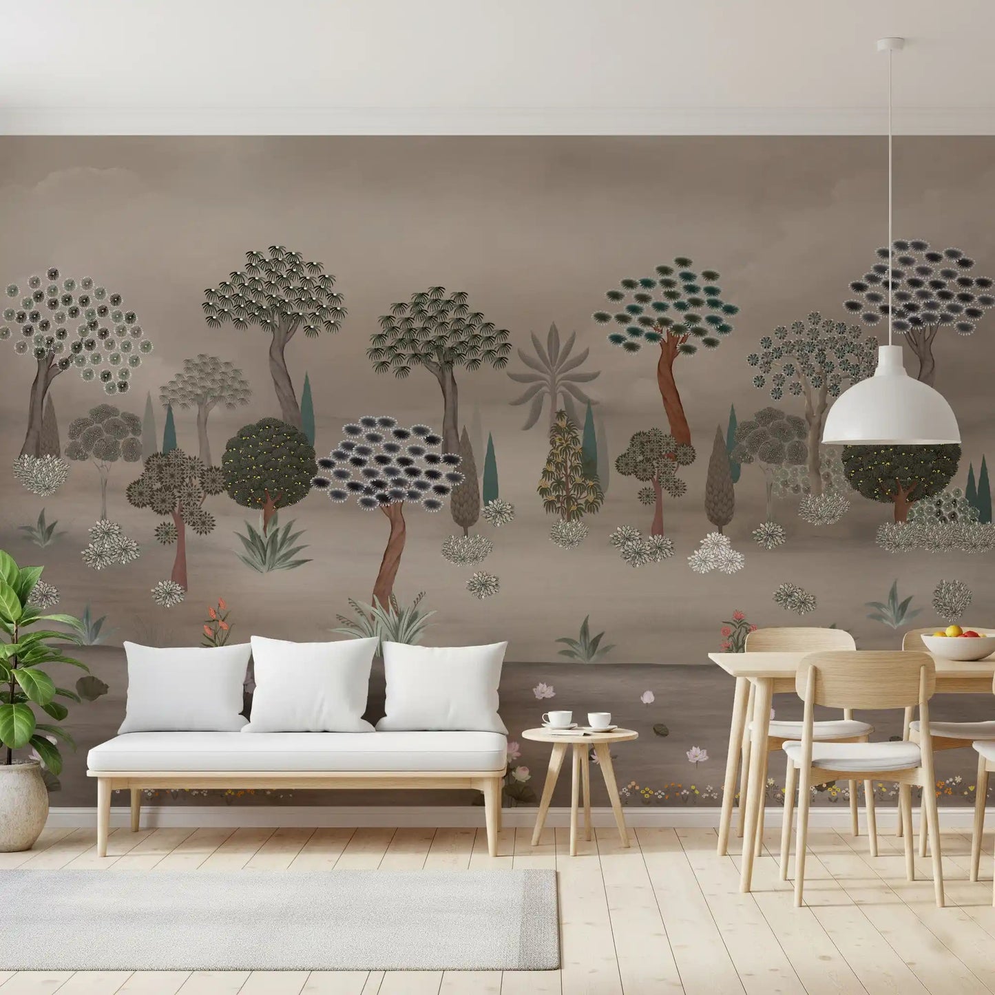 Muted garden scene wall mural with stylized trees and shrubs