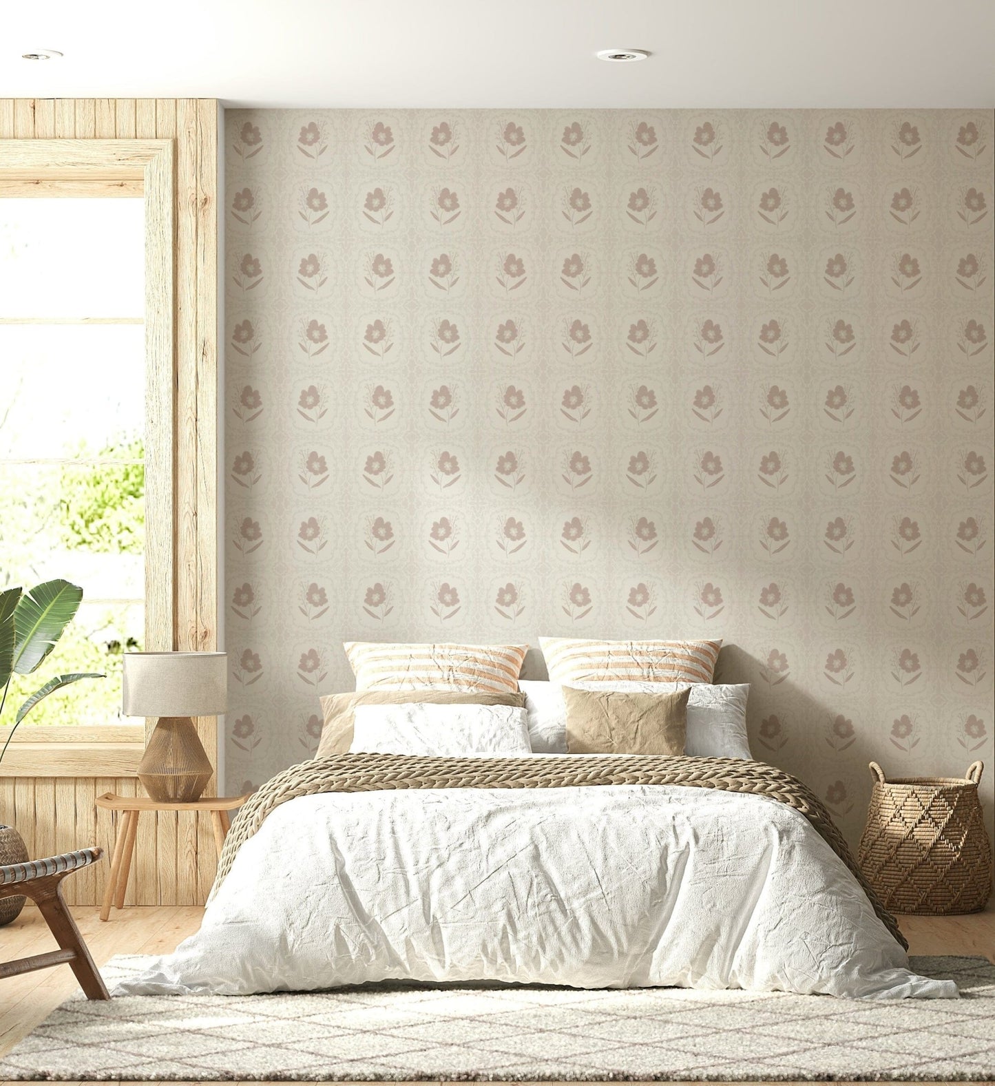 A soothing wallpaper with faint floral motifs adding a touch of quiet elegance.